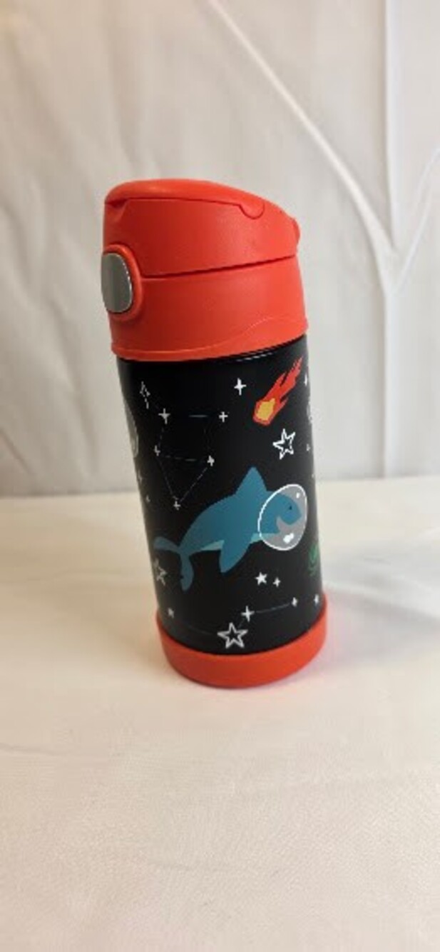 Thermos Funtainer 12 oz Water Bottle Black Red Lid Space Shark